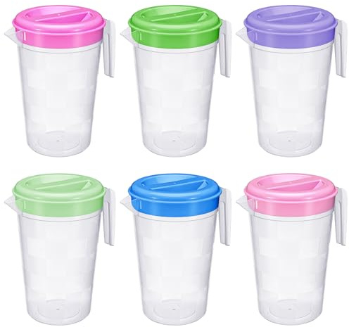 Honeydak 6 Pcs 70 Oz Round Clear Plastic Pitcher with Lid & Handle for Water Iced Tea Beverages (6 Packs Assorted Color) Jarras Para Aguas Frescas Plastic Pitcher for Easy Pouring