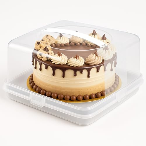 Meown Cake Carrier with White Base & Handle, 27cm Square Cake Storage with Clip Lock Lid, Flip Base, Food Safe Plastic Cake Holder, Cake Saver Container for Transporting, Storing & Serving Cakes