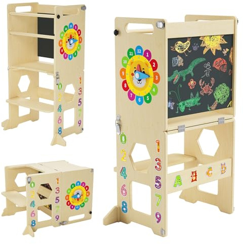 Lernturm ab 1 Jahr | 4-in-1 Lernturm Klappbar für Kinder |Learning Tower mit Tafel und Lernuhr aus Holz | Küchenhocker für Kleinkinder | Aus Nachhaltigem Holz | Stabiler Montessori