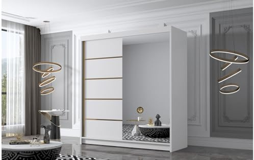 ELUKS - FLAVIO GOLDEN STRIPES Sliding Doors Wardrobe with Mirror Furniture for Bedroom Living Room and Hall Organizer Width 100cm/120cm/150cm/180cm/200cm/WHITE/BLACK/CASHMERE (White, 180cm)