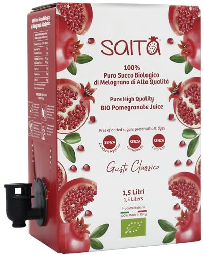 Saita Succo di Melograno 100% Puro Biologico, Succo di Frutta Senza Zuccheri Aggiunti, Vitamina C Naturale, Vegan Superfood Detox, Bag in Box 1,5 l, Classico, Made in Italy