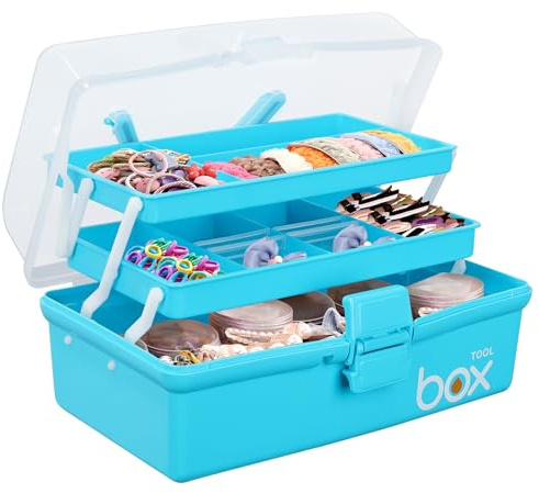 Yekolau 3 Layer Craft Storage Box, Plastic Multipurpose Storage Box with Compartments,Tool Box Arts and Crafts Organiser Box with Handle, for Sewing, Makeup, Nail, Hair Accessories (Blue)