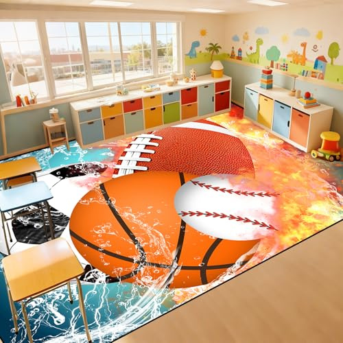 Basketball Rug 6'x9' - Basketball Rug for Boys Bedroom Kids Football Mat Water Fire Sports Rugs Boys Room Soccer Rugs Baseball Carpet for Playroom Living Room Bedroom Decor