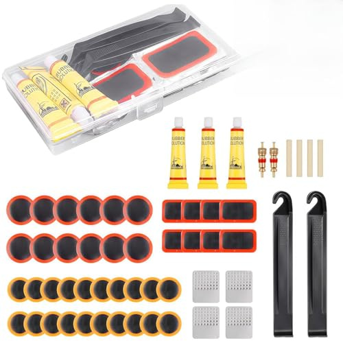 AONAT Kit Riparazione Bici 55 Pezzi con Toppe Autoadesive in Gomma, Attrezzi Multifunzione e Leve per Pneumatici, Lima in Metallo e Contenitore Portatile per Mountain Bike BMX