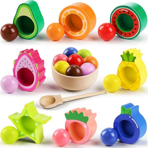 Pourbibi Montessori Spielzeug ab 2 Jahr, Baby Motorikspielzeug Obst Holzspielzeug, Kinder Lernspielzeug Geschenk für Baby Mädchen Jungen 2 3 4 Jahre