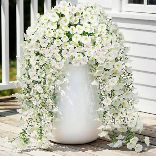 Lewondr 2PCS Artificial Hanging Flowers UV Resistant Silk Petunias, White | 29.5” Morning Glory, No Watering Needed, Fade Proof, for Porch Patio Yard Baskets, Spring Summer Decor, Indoor Outdoor Use