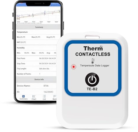 ThermElc TE-B2 Wireless Vaccine Temperature Data Logger, EN12830 Compliant, Pharmacy Fridge Monitor with MKT Calculation, Reuseable, Clinical Trial Data Recorder, No-Contact PDF Reports