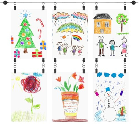 UFURMATE Kit di filo per appendere opere d'arte per bambini, 1 set di filo per appendere quadri, con clip, regolabile, decorazione da parete per bambini, disegni e foto (nero, 3 m)
