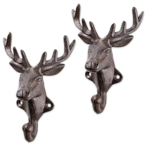 KADAX Hirschkopf Wandhaken aus Gusseisen, 2er Set, Garderobenhaken zur Wandmontage, Kleiderhaken im Landhausstil, Wandgarderobe für Jacken & Taschen (Braun)