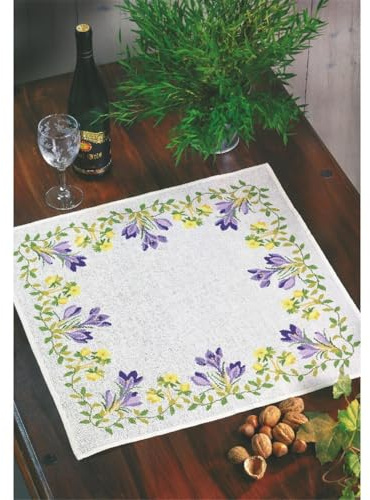 MARUSSIA Eva Rosenstand Tischdecke Kreuzstich Set Krokus und Winterling, Zählmuster, 55x55cm