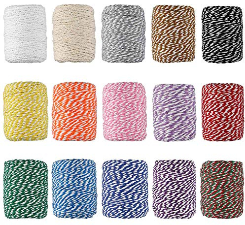 HULISEN Colorful Bakers Twine, 15 Rolls 2mm 3 Strands Cotton String for Cooking, Artworks, DIY Crafts, Plant Hanger and Embellishments, Festive Twine for Gift Wrapping (Each 164 Feet)