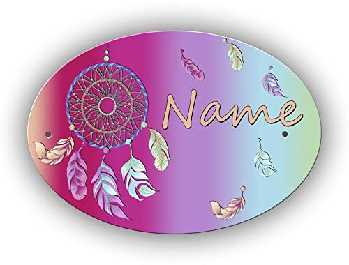 Türschild personalisiert mit Name und Schriftartwahl,Traumfänger | 12,7 x 8,8 x 0,2 cm, 2 Bohrungen, Kunststoff, Oval