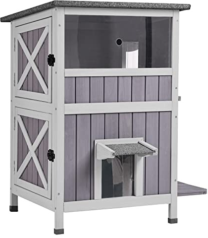 Aivituvin 2-Story Outdoor/Indoor Cat House - Solid Wood Kitty Condo with Escape Door, Removable Floors, Weatherproof Asphalt Roof & Sun Balcony
