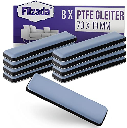 Filzada® 8x Piedini per mobili autoadesivo in Teflon - 70 x 19 mm (quadrato) - Scivoli per mobili professionali/scivoli per tappeti in PTFE (Teflon)