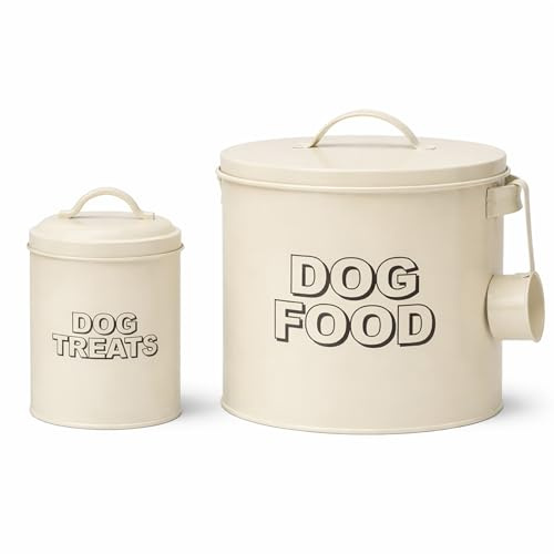 simpa Retro Vintage Styled Antique Cream 3PC Round Metal Dog Food Storage Sets: Food Tin, Treats Tin & Serving Scoop