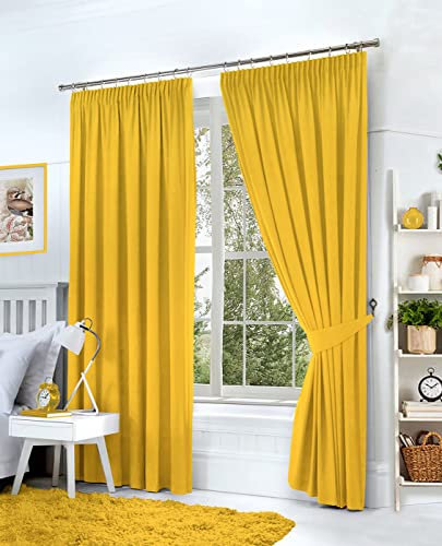Hachette Thermal Blackout Curtains Pencil Pleat Tape Top Including Pair of Tiebacks (Ochre Yellow, 46 X 54)