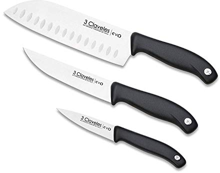 3 Claveles EVO - Set Cuchillos, Verduras 9cm + Cocina 13,5cm + Santoku 18cm, Acero Inoxidable, mango polipropileno, ligero y resistente