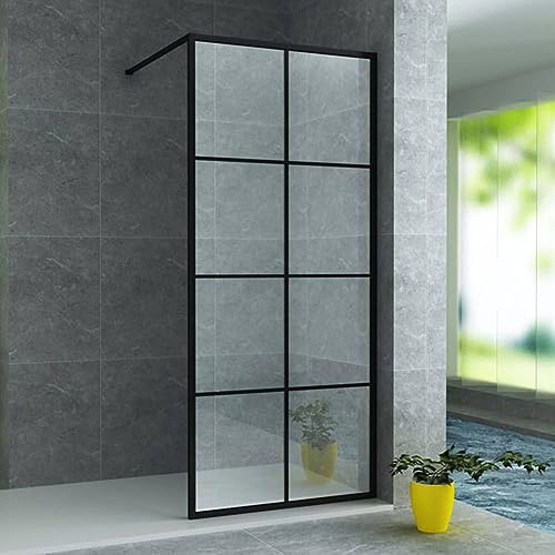 ALONI Walk In Duschwand ESG Sicherheitsglas 8 mm Nano Beschichtung begehbare Dusche Glaswand Badezimmer Duschabtrennung mit Stabilisationsstange 200 cm Höhe 140 cm Breite Schwarz Matt