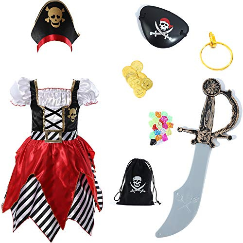 Sincere Party Dräkt Pirate Buccaneer Princess Deluxe Klänning med svärd, piratpåse, ögonlapp och hatt 5-6år