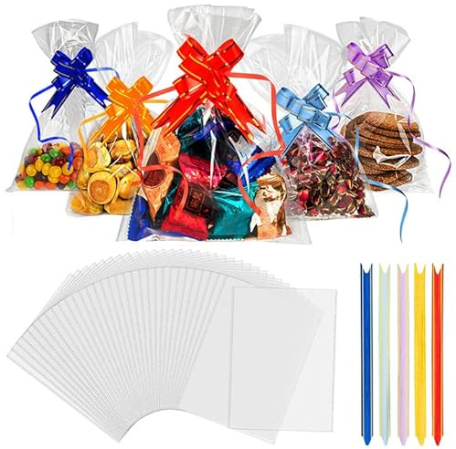 Recon Up (6x10 inch) Pack of 50 Cellophane Bags, Cookie Bags With Colorful Pull Bows, Clear Gift Bags For Food Storage, Flat Sweet Bags For Gifts On Special Occasions