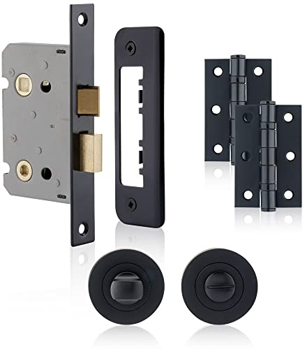 XFORT Complete Matt Black Bathroom Door Accessory Pack, Includes 65mm Mortice Bathroom Lock, 75mm Ball Bearing Hinges and Thumb Turn & Release Set, for Internal Bathroom Doors.