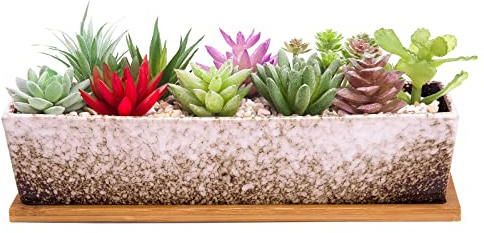 ARTKETTY Succulent Plant Pots, 30 CM Long Rectangle Succulent Plant Pots with Drainage Tray, Large Ceramic Cactus Flower Plants for Indoor/Outdoor Plants Shallow Bonsai Window Box Home Decor