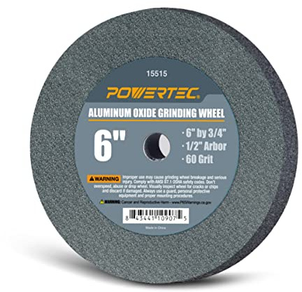 POWERTEC Bench Grinder Wheel 6 Inch 60 Grit, Aluminum Oxide Grinding Wheel for Bench Pedestal Grinder, 3/4 Thick 1/2 Arbor, Sharpening & Shaping Drill Bits, Blade, and Chisel 1PK (15515V)