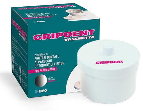 Gripdent Vaschetta Porta Protesi - Contenitore con Filtro Mobile per la Pulizia e l'Igiene di Protesi Dentali, Apparecchi Ortodontici e Bites - Colore Bianco