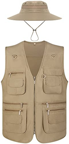 Janmercy 2 Pieces Men's Work Fishing Vest with Hat Lightweight Safari Travel Hunting Waistcoat With Multi Pockets Fishing Hat (Dark Khaki,Medium)