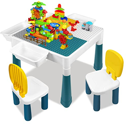JNGLGO Kindertisch mit 2 Stühlen Aktivitätstisch mit 163 Stück Bausteine Multifunktionaler Kindermöbelset Spieltisch für Kinder, Tisch Stuhl Set Basteltisch für Kinderzimmer und Kindergarten