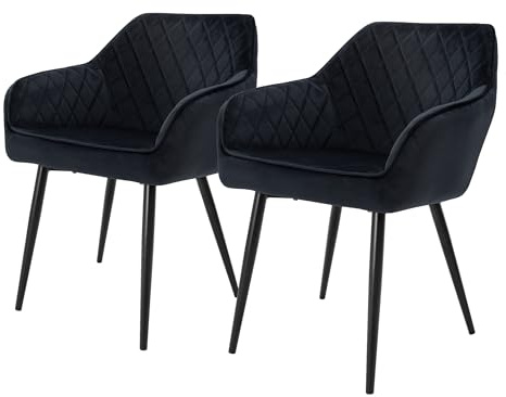 ML-Design Set av 2 matstolar med armstöd och ryggstöd, svart, köksstol med sammetsklädsel, stoppad stol med metallben, ergonomisk stol för matbord, matstol, vardagsrumsstol