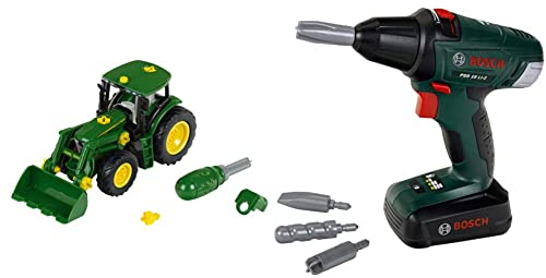 Theo Klein 3903 John Deere Traktor | Mit Frontlader und Gegengewicht ab 3 Jahren & 8567 Bosch Akkuschrauber | Mit rotierenden und auswechselbaren Aufsätzen | Inkl. Licht und Sound ab 3 Jahren