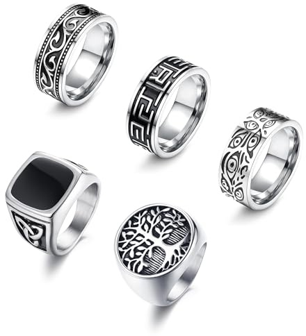 Kakonia 5Pcs Anillos de Acero Inoxidable para los Hombres Griego Signet Pulgar de Plata Retro Talla Celtic Banda Anillos Vintage Biker Negro Anillo Set 30