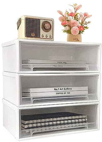 Aziticy Aufbewahrungsschublade Box 3 Stück Stapelbare Schubladenboxen Büro Schubladencontaine Organizer Schubladen Aufbewahrungsbox für Schreibtische, Schminktische, Büros (White-27 * 18 * 10cm)