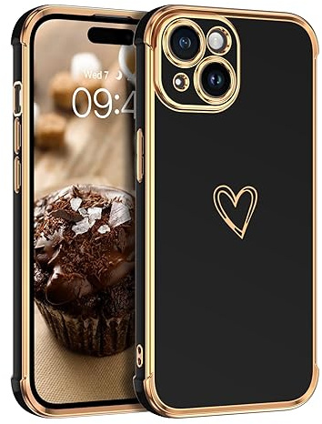 DUEDUE für iPhone 15 Hülle, Herz Muster Niedliche Handyhülle für iPhone 15 Case, Stoßfeste Kratzfeste Kameraschutz Schutzhülle Galvanisierte Weich TPU, Schwarz