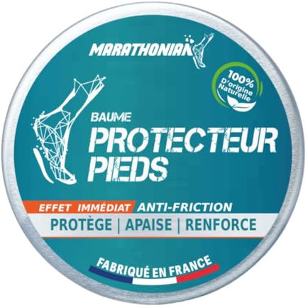 Marathonian - Baume Protecteur Pieds - 3 en 1 - Protège/Apaise/Renforce - soin des pieds anti-frottement/anti-friction - 100% d'origine naturelle - Fabriqué en France - testé cliniquement - 50g