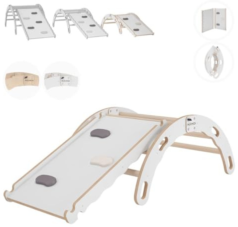 MAMOI® Klätterbåge med rutschkana, klättertriangel, babyklättring, regnbågsvippa av trä, träbåge för barn, halkbräda för lekplats, klätterställning inomhus från 1 år 2/3 år, Montessori