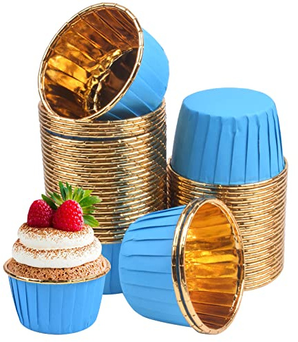 Volumoon 50 Stück Aluminiumfolie Cupcake,Wasserdicht und Ölfest Backförmchen papier,Metallic Cupcake Backformen,Muffin Cupcake Formen,für Hochzeiten,Geburtstage,Partys,Andere Themenfeiern (Blau)
