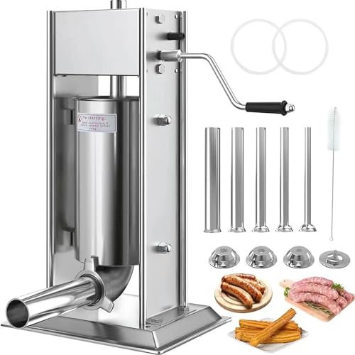 BDJSN Manual Churro Maker, 2 in1 Commercial Vertical Sausage Filler Machine, 3L/5L/7L, Stainless Steel Spanish Churrera Machine with 5 Molds and 4 Nozzles, for Home, Restaurant, Supermarket