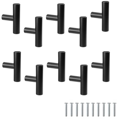0XBIT Bouton de Porte Noir, 10 pièces Boutons de Portes pour Placards, Poignées de Meubles en Acier Inoxydable, Poignée en Forme de T, Finition Noire Mate, Adaptées aux Armoires, Coiffeuses