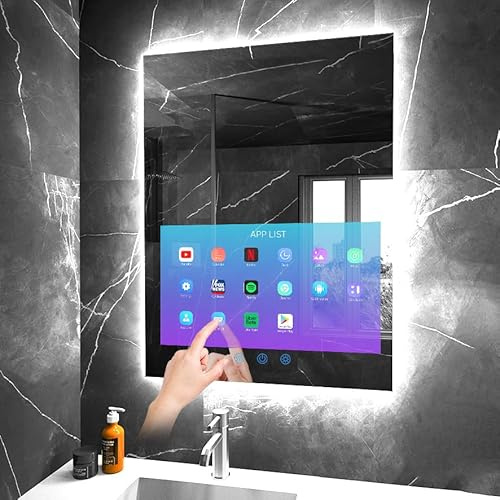 Leotachi 33 x 24 Smart bagno lavabo, specchio impermeabile, TV touch screen integrato da 21,5 con illuminazione LED regolabile a 3 colori