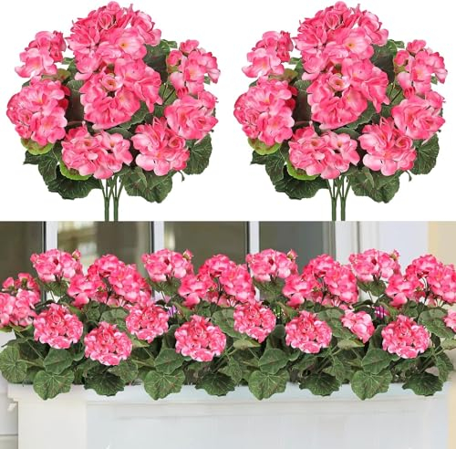 ASTNIC Künstliche Blumen, 2 Bündel Künstliche Geranien Seidenblumen im Freien und Innen, UV-beständige Faux Geranie Blumen Dekoration für Hochzeit Home Balkon Garten Fenster Box Tischdekoration (Rosa)