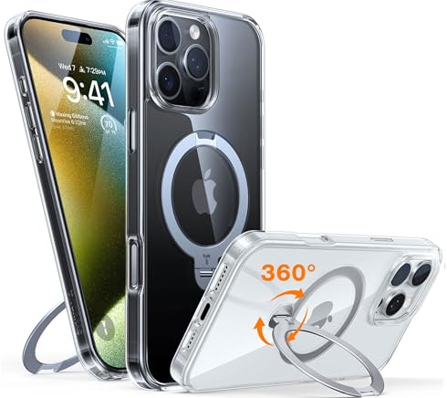TORRAS Ostand Q3 Spin für iPhone 16 Pro Max Hülle 360° Ständer Transparent | (360° Magnetischer Unsichtbarer Ständer) Zertifizierte Militärschutz, MagSafe Kompatibel, Diamant-Klar Anti-Vergilbung