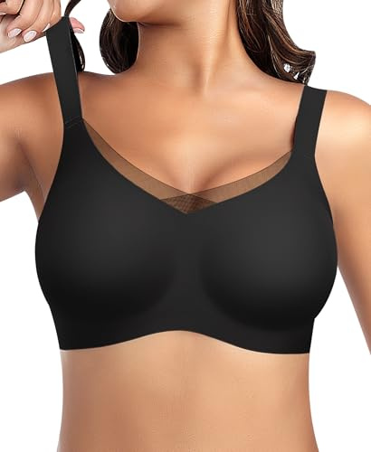Damen BH Ohne Bügel Nahtloser Glatter Weicher BH Bequemer T-Shirt Soft Bra (Schwarz-Spitze, M)