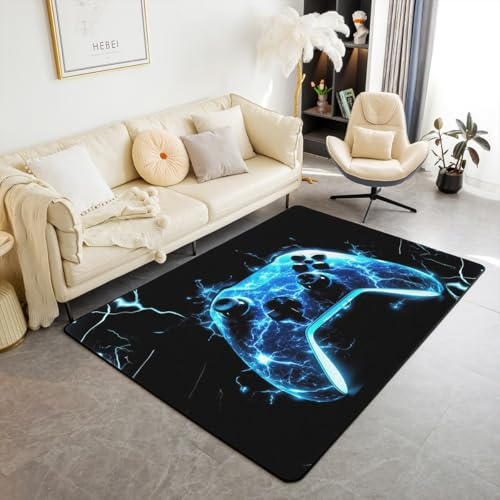 Loussiesd Videospiele Teppich 150x200cm Teen Gamepad Wohnzimmerteppich Game Enthusiast Modern Jungen Balkon Wohnzimmer Rot Küchenteppich 3D Gedruckt Blitz Teppich Blau Gamer