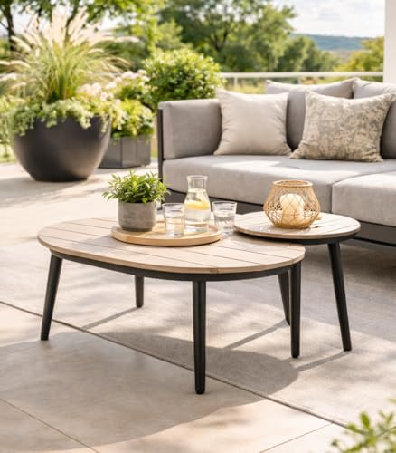 Garden Impressions 2er Set Loungetische Margriet Rund und Oval, Durchmesser 50 cm H 48 cm und L 120 x B 75 x H 45 cm, Aluminium Nonwood Wetterfest Outdoor Anthrazit Balkontisch Pflegeleicht