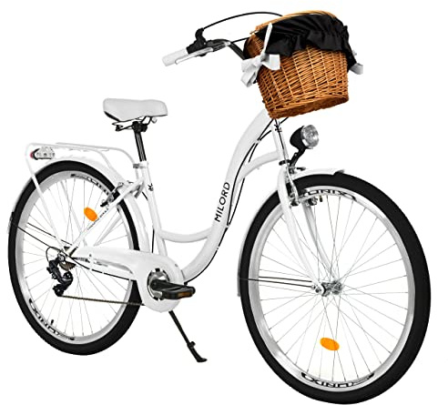 MILORD Damenfahrrad Citybike Komfort Mit Weidenkorb Hollandrad Vintage Fahrrad, 26, 28 Zoll, 7-Gang