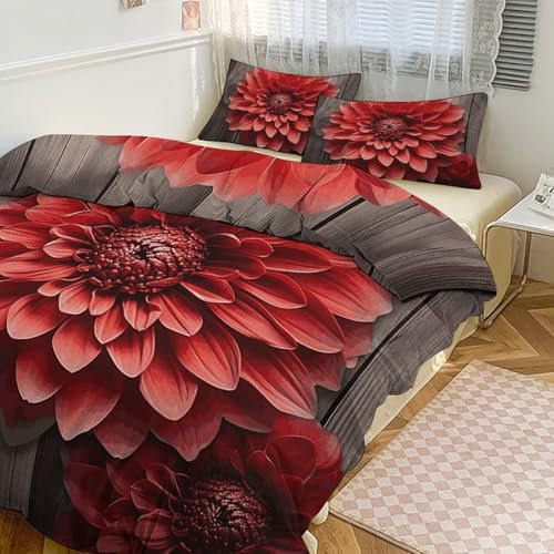 TKJMCSW Bettwäsche-Set mit roter Dahlie, Bettbezug-Set, Queen-Size-Bett, Bettdeckenbezug, 1 wendbare Bettdecke und 2 Kissenbezüge, 228,6 x 228,6 cm