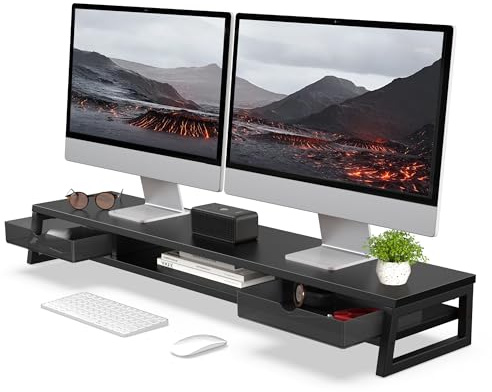 Fenge Dual Monitorständer Riser mit 2 PC Schublade,108cm,Schwarz | bildschirmerhöhung 2 monitore,für PC/Laptop/Fax/Drucker/TV, für Home &Office&Spiel,108×25.5×13.8cm,Tragfähigkeit 45KG