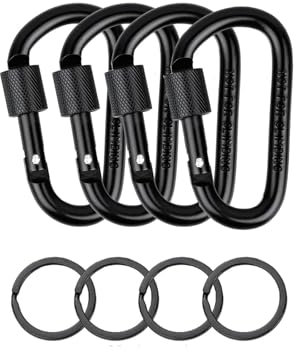 D-Ring Locking Carabiner Clips 4 Pcs, Large Carabiners, Aluminum Alloy Carabiner Heavy Duty D Ring Clip Hook Keychain Clips Hook with 6 Key Rings for Camping, Hiking, Fishing, Traveling, Keychain